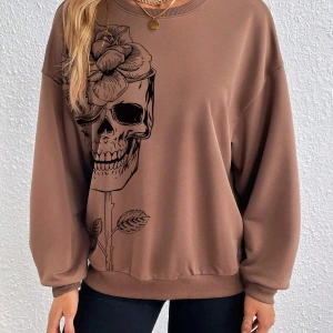 Kafatası ve Çiçek Desenli Damla Omuzlu Tişört Kahverengi