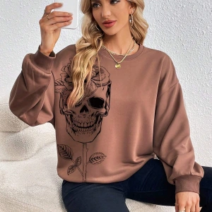 Kafatası ve Çiçek Desenli Damla Omuzlu Tişört Kahverengi