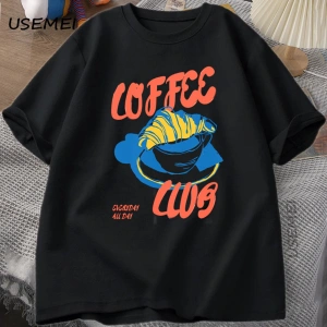 Kahve Kulübü TRetro Kahve T-Shirt Grafik Tee Fransız Pamuk Kısa Kollu Tees Büyük Boy 2800