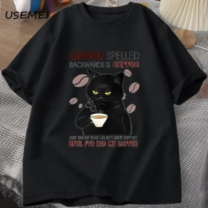 Kahve Spelled geriye kedi T-shirt komik sevimli grafik Tees yaz Unisex pamuk ONcek T Shirt bo 2829