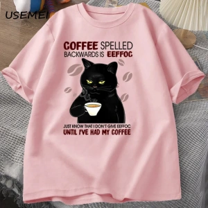 Kahve Spelled geriye kedi T-shirt komik sevimli grafik Tees yaz Unisex pamuk ONcek T Shirt bo 2829