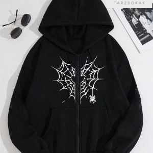 Kalp Ağ Minimal Örümcek Sweatshirt Fermuarlı Hırka Siyah