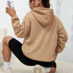 Kalp Desenli Kanguru Cepli Düşük Omuz İpli Kapüşonlu Üst Haki