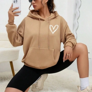 Kalp Desenli Kanguru Cepli Düşük Omuz İpli Kapüşonlu Üst Haki