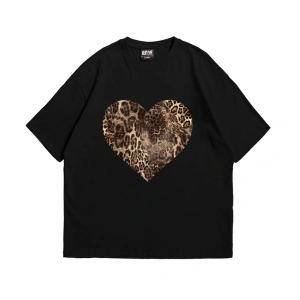 Kalp Leopar Baskılı 24/1 Oversize Unisex Siyah