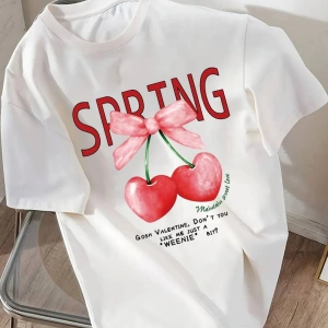 Kalpli Kiraz Baskılı Oversize Rahat Kalıp Bisiklet Yaka Kadın