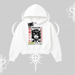 Kapşonlu Crop Sweatshirt Anime Devils Girl Japanese Style Baskılı