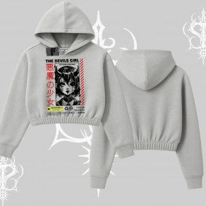 Kapşonlu Crop Sweatshirt Anime Devils Girl Japanese Style Baskılı