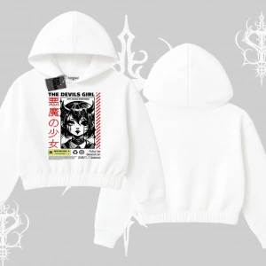 Kapşonlu Crop Sweatshirt Anime Devils Girl Japanese Style Baskılı