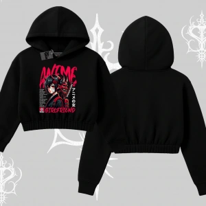 Kapşonlu Crop Sweatshirt Anime Girlfriend Kırmızı