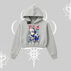 Kapşonlu Crop Sweatshirt Anime Kız Desenli Japon Tarzı