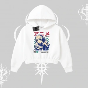 Kapşonlu Crop Sweatshirt Anime Kız Desenli Japon Tarzı