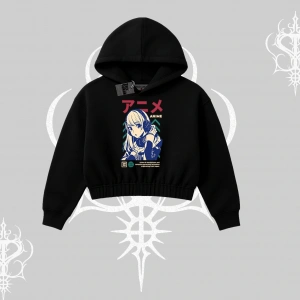Kapşonlu Crop Sweatshirt Anime Kız Desenli Japon Tarzı