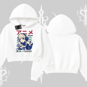 Kapşonlu Crop Sweatshirt Anime Kız Desenli Japon Tarzı