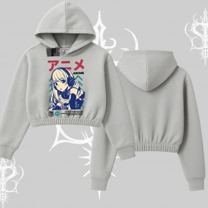 Kapşonlu Crop Sweatshirt Anime Kız Desenli Japon Tarzı
