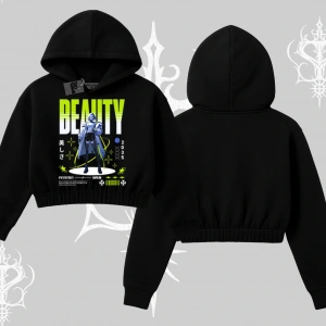 Kapşonlu Crop Sweatshirt Anime Unity Neon Detaylı Grafik Baskılı