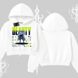 Kapşonlu Crop Sweatshirt Anime Unity Neon Detaylı Grafik Baskılı