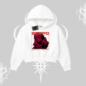 Kapşonlu Crop Sweatshirt Anime Waifu Kırmızı Grafik Desenli
