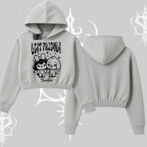 Kapşonlu Crop Sweatshirt Best Friends Forever Baskılı Sevimli Tasarım