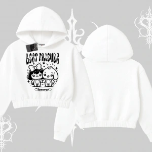 Kapşonlu Crop Sweatshirt Best Friends Forever Baskılı Sevimli Tasarım