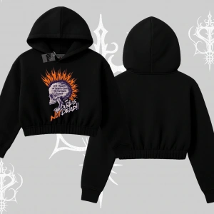 Kapşonlu Crop Sweatshirt Burning Skull Rebel Street Anthem