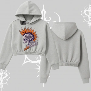 Kapşonlu Crop Sweatshirt Burning Skull Rebel Street Anthem