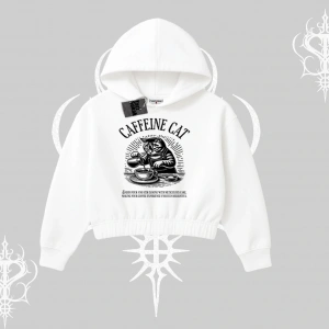 Kapşonlu Crop Sweatshirt Caffeine Cat Kahve Temalı Kedi Baskılı