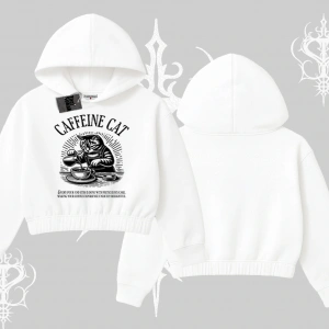 Kapşonlu Crop Sweatshirt Caffeine Cat Kahve Temalı Kedi Baskılı