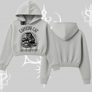 Kapşonlu Crop Sweatshirt Caffeine Cat Kahve Temalı Kedi Baskılı