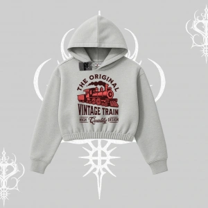 Kapşonlu Crop Sweatshirt Classic Railroad Vintage Train Street Aesthetic