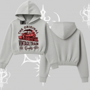 Kapşonlu Crop Sweatshirt Classic Railroad Vintage Train Street Aesthetic