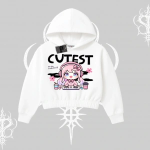 Kapşonlu Crop Sweatshirt Cute Anime Gamer Girl Baskılı