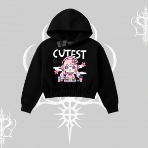 Kapşonlu Crop Sweatshirt Cute Anime Gamer Girl Baskılı