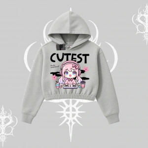 Kapşonlu Crop Sweatshirt Cute Anime Gamer Girl Baskılı