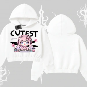 Kapşonlu Crop Sweatshirt Cute Anime Gamer Girl Baskılı