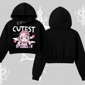 Kapşonlu Crop Sweatshirt Cute Anime Gamer Girl Baskılı