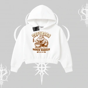 Kapşonlu Crop Sweatshirt Cute Capybara Enjoying Ramen Noodles Artwork