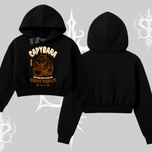 Kapşonlu Crop Sweatshirt Cute Capybara Enjoying Ramen Noodles Artwork