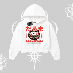 Kapşonlu Crop Sweatshirt Daruma Kedi Anime Baskılı