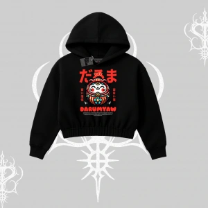 Kapşonlu Crop Sweatshirt Daruma Kedi Anime Baskılı