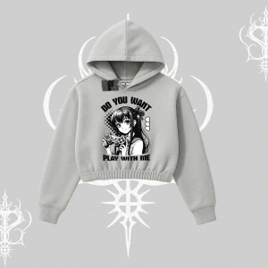 Kapşonlu Crop Sweatshirt Do You Want Play With Me Anime Kız Baskılı