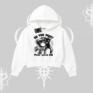 Kapşonlu Crop Sweatshirt Do You Want Play With Me Anime Kız Baskılı
