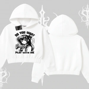 Kapşonlu Crop Sweatshirt Do You Want Play With Me Anime Kız Baskılı