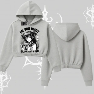 Kapşonlu Crop Sweatshirt Do You Want Play With Me Anime Kız Baskılı