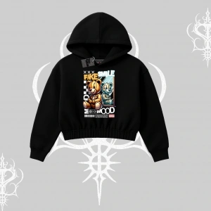 Kapşonlu Crop Sweatshirt Fake Smile Mood Ayıcık Grafik Baskılı