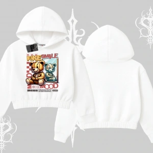 Kapşonlu Crop Sweatshirt Fake Smile Mood Ayıcık Grafik Baskılı