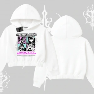 Kapşonlu Crop Sweatshirt Fearless Soul Anime Kolaj Baskılı