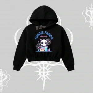 Kapşonlu Crop Sweatshirt Foodie Panda Tatlı ve Sevimli Panda Baskılı
