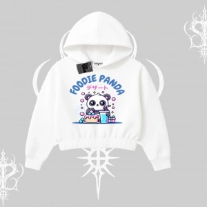 Kapşonlu Crop Sweatshirt Foodie Panda Tatlı ve Sevimli Panda Baskılı