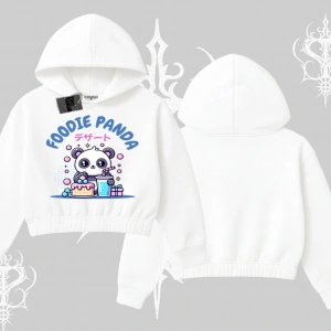 Kapşonlu Crop Sweatshirt Foodie Panda Tatlı ve Sevimli Panda Baskılı